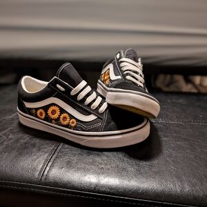 Womens Black and Yellow Vans with Sunflower Design